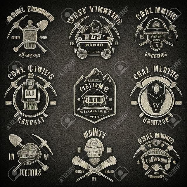 Conjunto de emblemas de mineração de carvão vintage, etiquetas, emblemas, logotipos. Estilo monocromático.