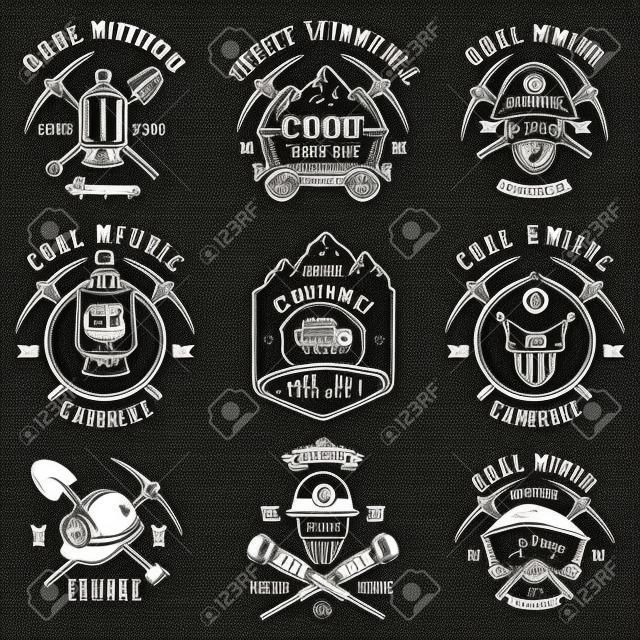 Set of vintage coal mining emblems, labels, badges, logos. Monochrome style.