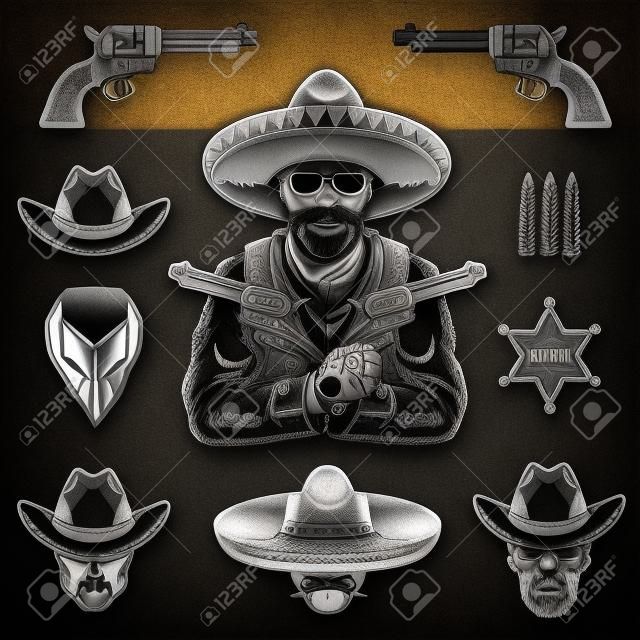 Ensemble d'éléments et chefs shérif et bandits. Style monochrome