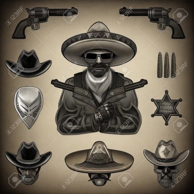 Set von Sheriff und Bandit-Elemente und Köpfen. Monochrome Stil