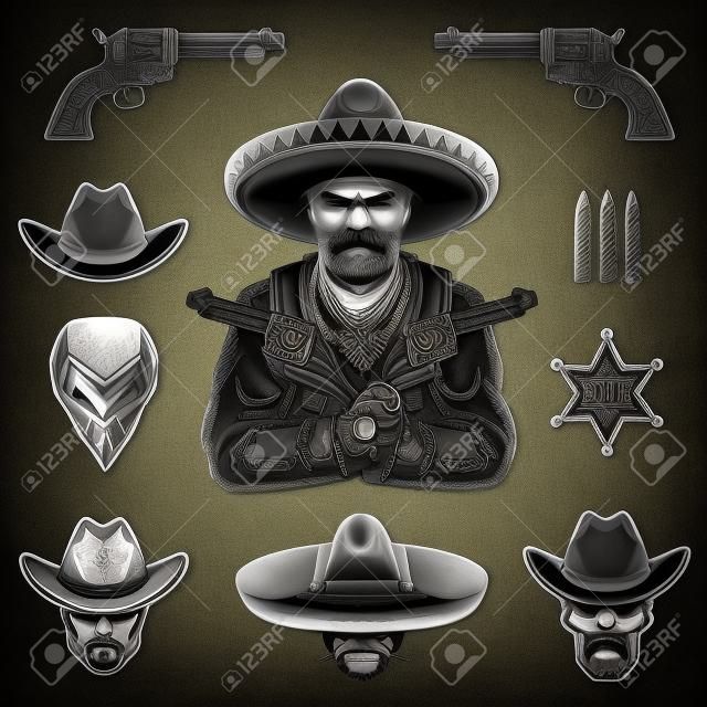 Ensemble d'éléments et chefs shérif et bandits. Style monochrome