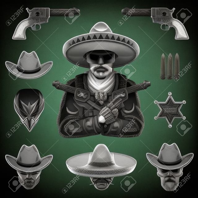 Conjunto de elementos e cabeças de xerife e bandido. Estilo monocromático