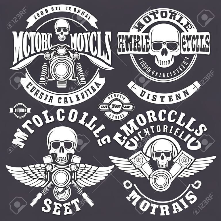 Zestaw rocznika motocykla emblematy, etykiety, odznaki, logo i elementy projektu. Styl monochromatyczny.