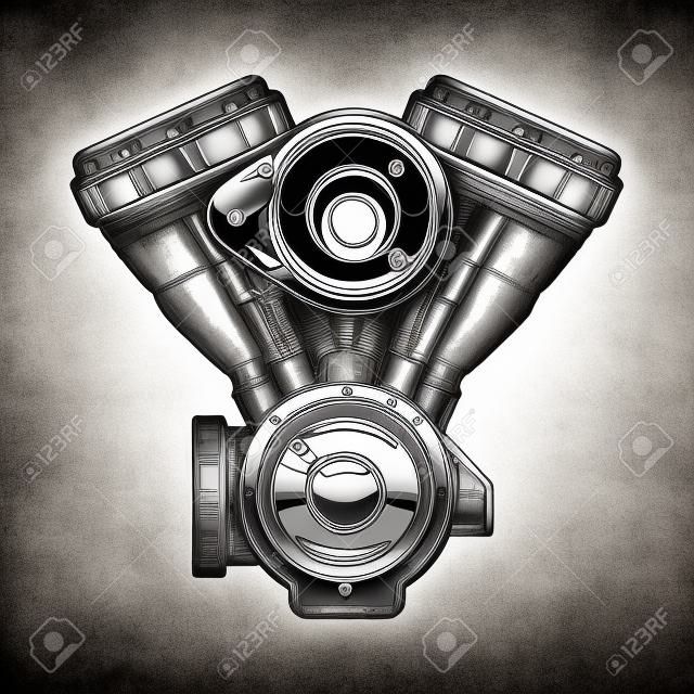 Illustration of motorcycle engine. Monochrome style