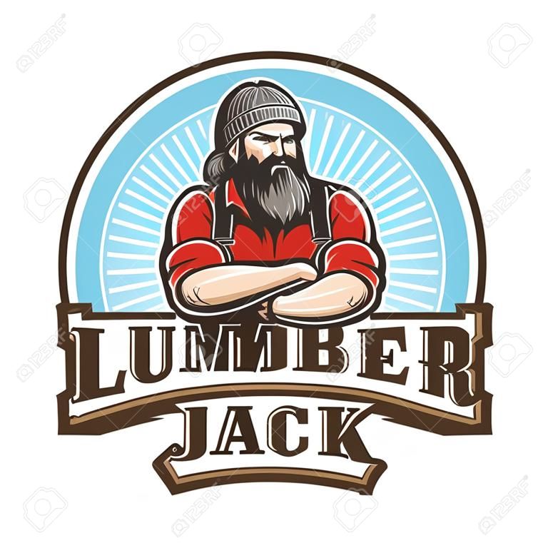 Vector illustration of lumberjack emblem, label, badge, logo with text. Isolated on white background.