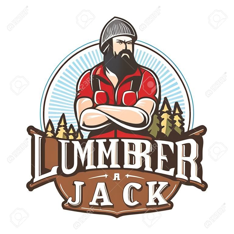 Vector illustration of lumberjack emblem, label, badge, logo with text. Isolated on white background.