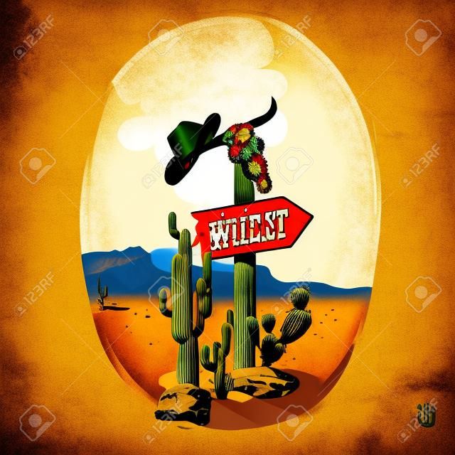 Dziki zachód znak plakat wskaźnik kierunku w stronę Meksyku pustyni wśród kaktusów i czaszki ilustracji wektorowych