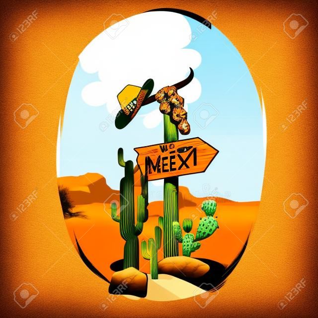 Dziki zachód znak plakat wskaźnik kierunku w stronę Meksyku pustyni wśród kaktusów i czaszki ilustracji wektorowych