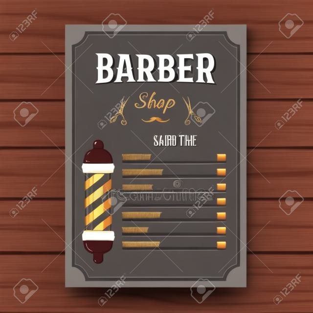 Barber winkel gekleurde prijs of brochure lijst met prijzen op de kapsels en kapsels op tafel vector illustratie
