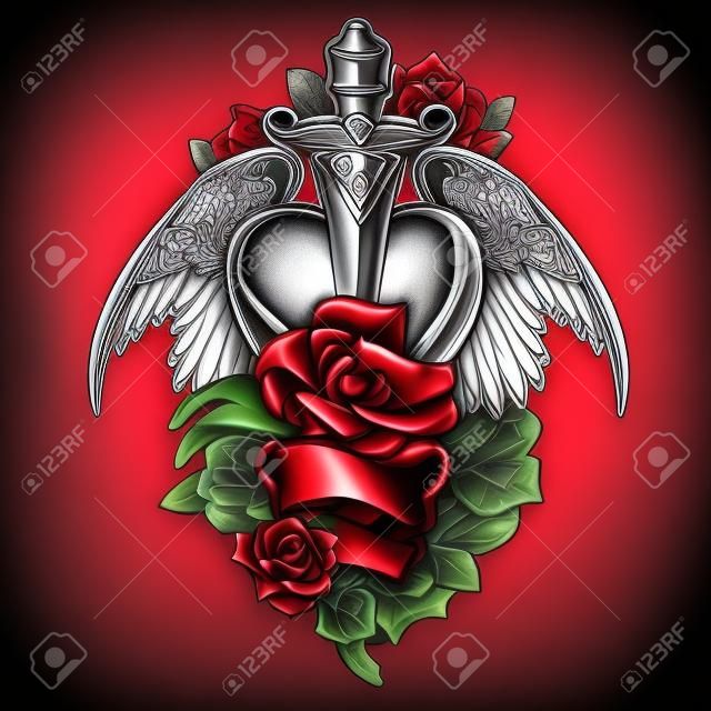 Gebroken hart tatoeage ontwerp met dolk en vogel vleugels rode rozen en bladeren wit lint illustratie
