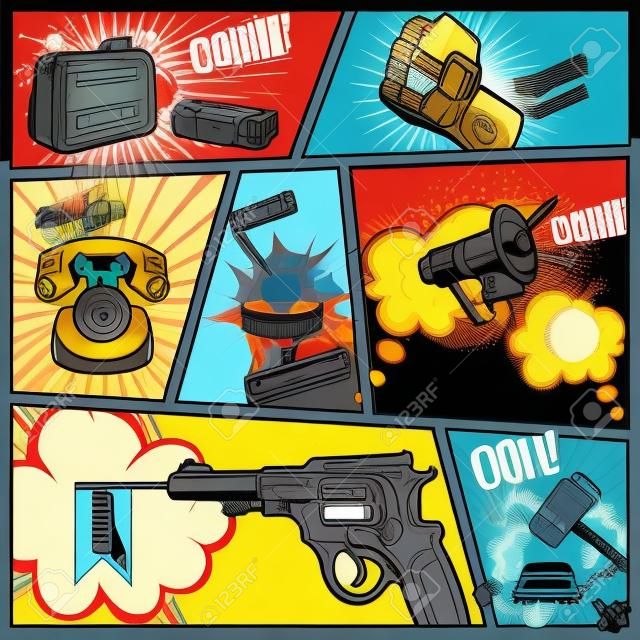 Comics book page with sound effects from phone radio gun on divided colored textured background illustration
