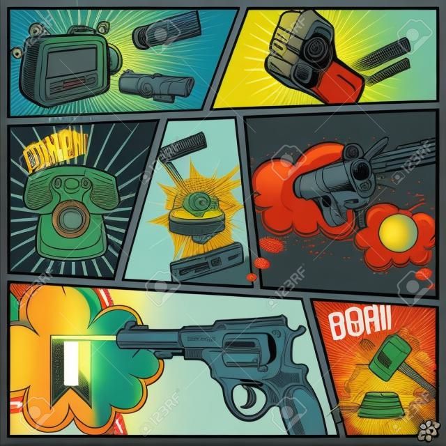 Comics book page with sound effects from phone radio gun on divided colored textured background illustration