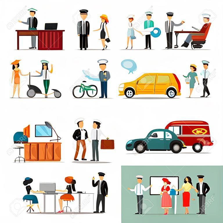 Colorful professions and occupations collection with people in different professional situations isolated vector illustration