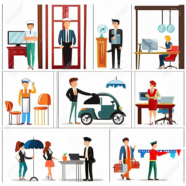 Colorful professions and occupations collection with people in different professional situations isolated vector illustration