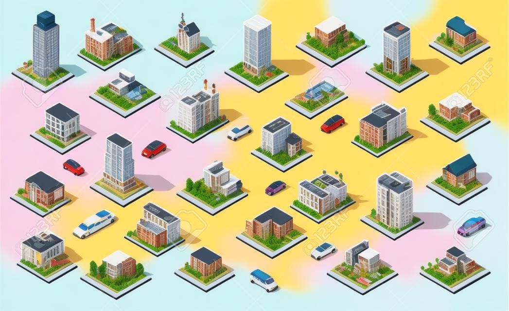 郊外生活及び市町村に建物と等尺性都市要素コレクションの家遊び場分離されたトランスポートの図。