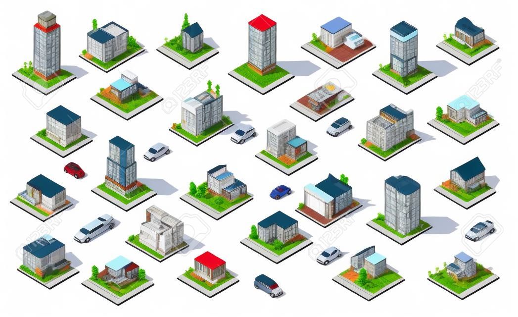 Изометрические элементы городских элементов с жилыми и муниципальными зданиями пригородные дома детская площадка транспорт изолированные иллюстрации.