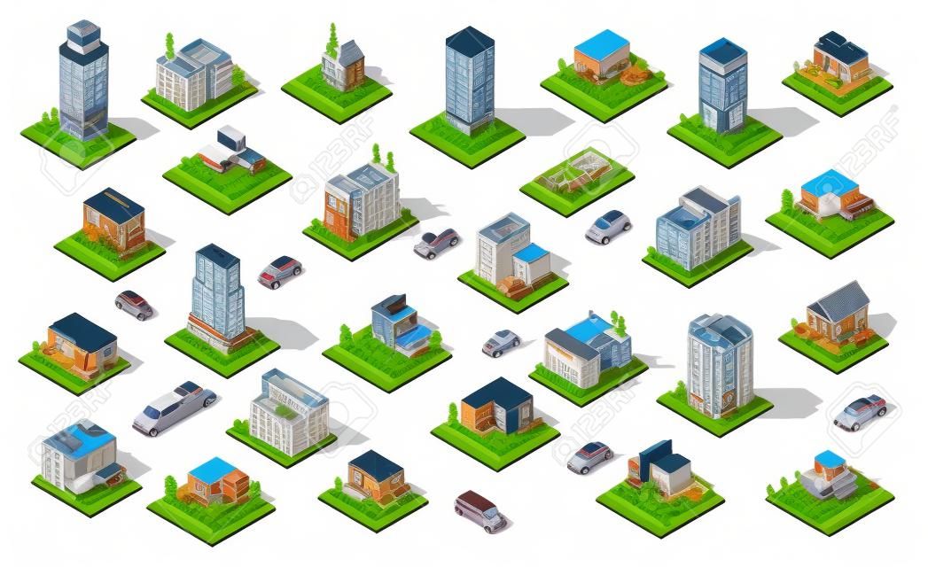 Изометрические элементы городских элементов с жилыми и муниципальными зданиями пригородные дома детская площадка транспорт изолированные иллюстрации.