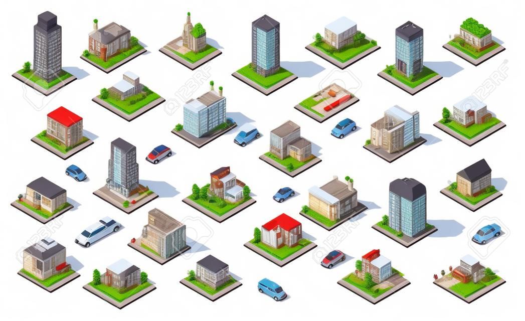 Isometrische Stadtelementsammlung mit lebender und städtischer Gebäude Vorstadthausspielplatztransport lokalisierte Illustration.