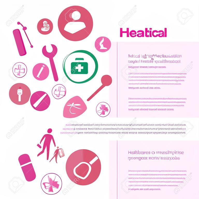 Gesundheitswesen helle Vorlage mit Text medizinische Symbole und Elemente in bunten Kreisen auf weißem Hintergrund Vektor-Illustration