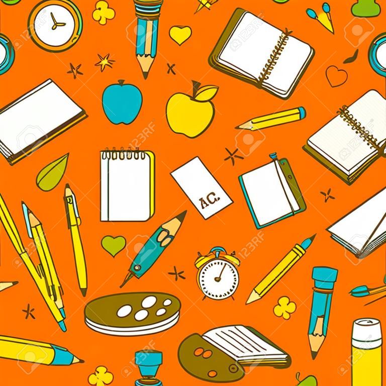 Bunte Schule liefert nahtloses Muster im Doodle-Stil auf hellorangefarbener Hintergrundvektorillustration