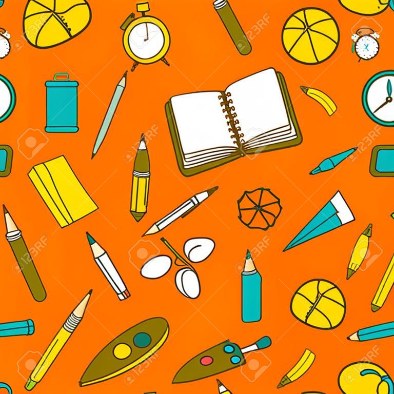 Bunte Schule liefert nahtloses Muster im Doodle-Stil auf hellorangefarbener Hintergrundvektorillustration