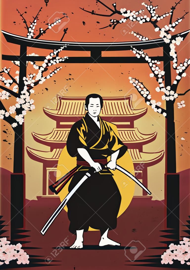Poster di cultura giapponese colorato vintage con samurai che tiene la spada sakura rami di albero cancelli tradizionali e costruzione di illustrazione vettoriale