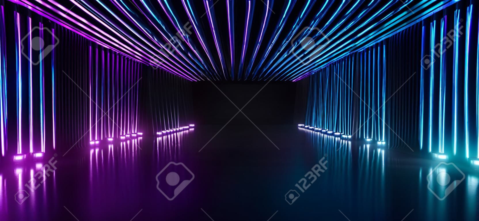 Neonowy laser w kształcie cyber fioletowy niebieski korytarz tunel korytarz studio salon wystawowy parking podziemny garaż odblaskowy beton ilustracja renderowania 3d