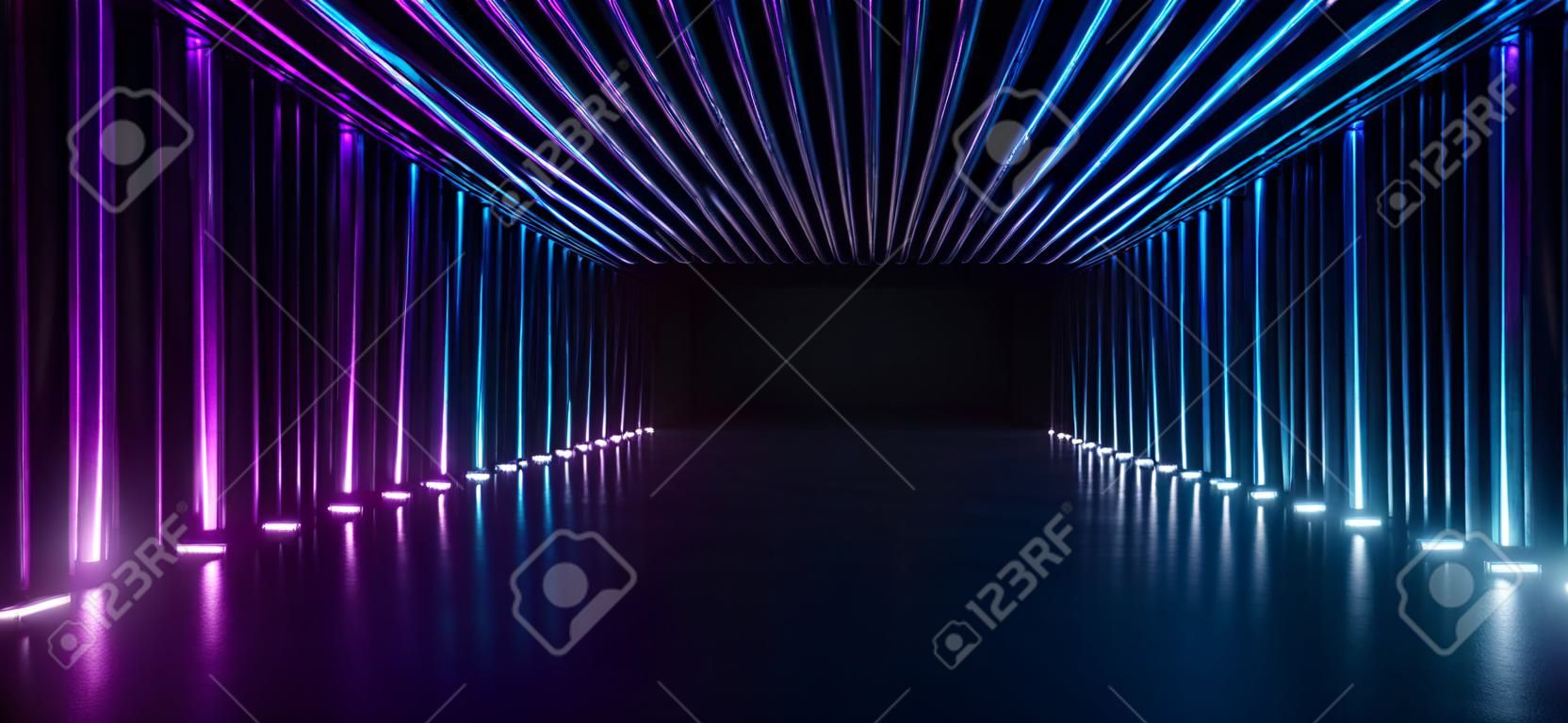 Neonowy laser w kształcie cyber fioletowy niebieski korytarz tunel korytarz studio salon wystawowy parking podziemny garaż odblaskowy beton ilustracja renderowania 3d
