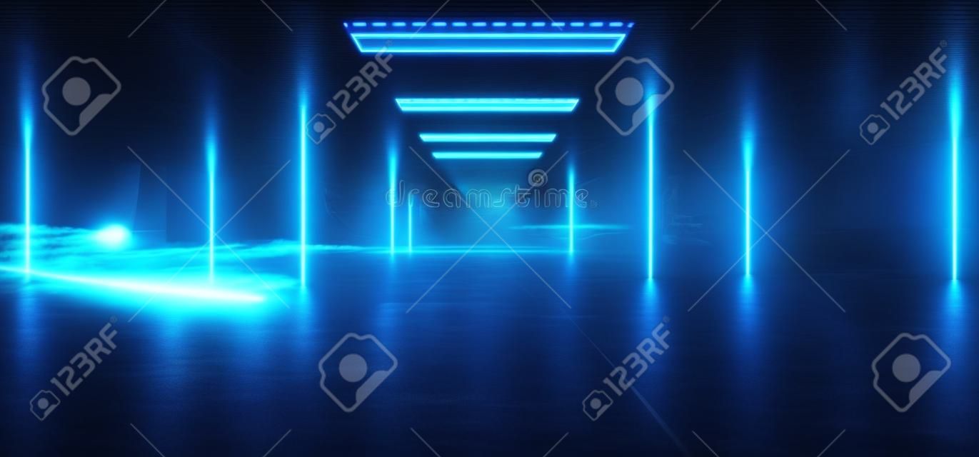 Rook Neon Laser Glowing Blue Arc Pylons Lines Sci Fi Futuristic Grunge Concrete Tunnel Corridor Showroom Nacht Donker Lege achtergrond Ruimteschip Club 3D Rendering Illustratie