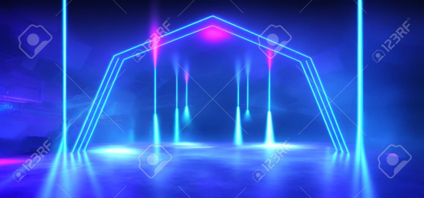 Sci-Fi-Neon-Rauchnebel, leuchtend blau, lila, Laserstudio, reflektierender Beton, Grunge, Tiefgarage, Bühne, Podium, Laufsteg, futuristischer Club, 3D-Rendering-Illustration