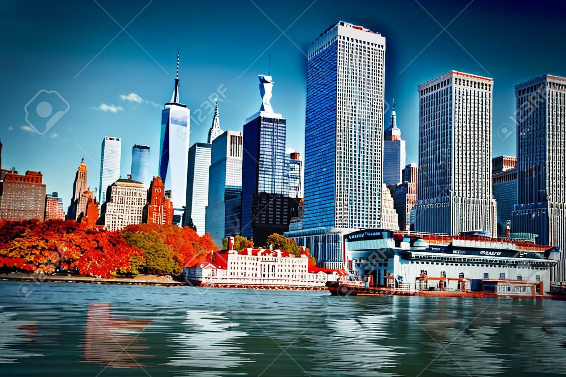 View from the water, from Hudson bay to Lower Manhattan and Staten Island Ferry terminal. New York City is Financial capital of America. USA.
