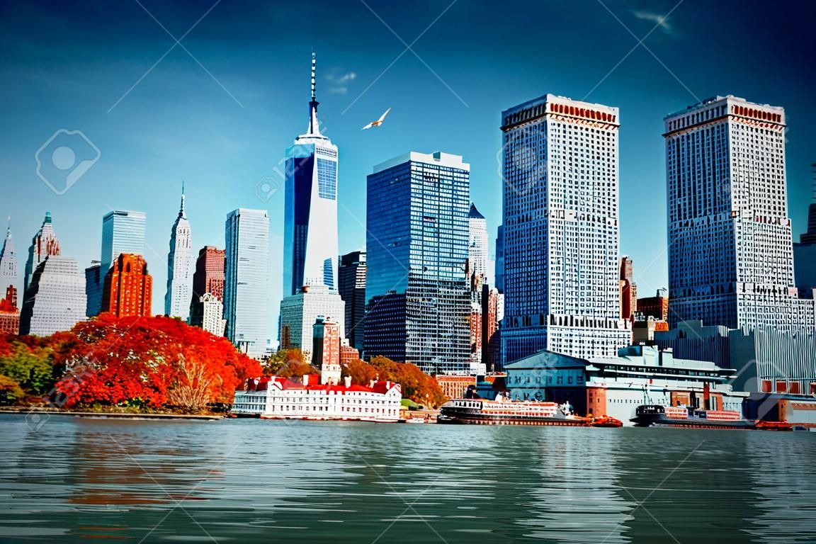 View from the water, from Hudson bay to Lower Manhattan and Staten Island Ferry terminal. New York City is Financial capital of America. USA.