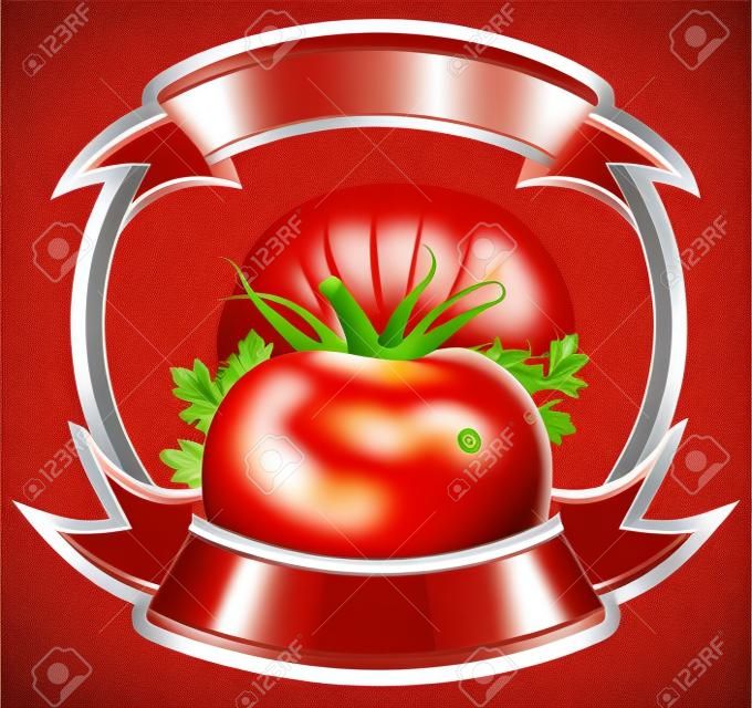 Etiqueta para un producto (ketchup, salsa) con ilustración vectorial fotorrealista de tomate.
