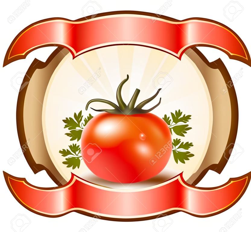 Etiqueta para un producto (ketchup, salsa) con ilustración vectorial fotorrealista de tomate.