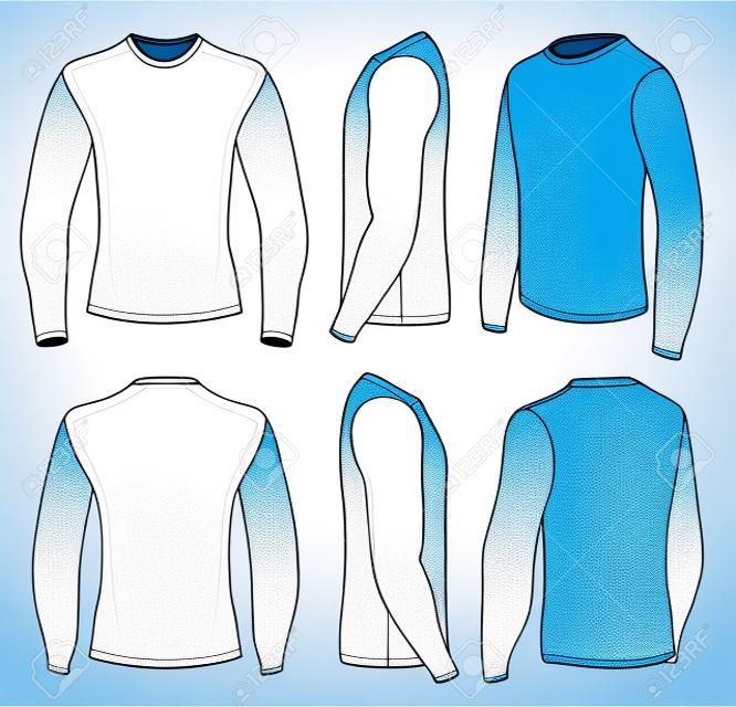 All six views men's white long sleeve t-shirt design templates (front, back, half-turned and side views). Vector illustratio