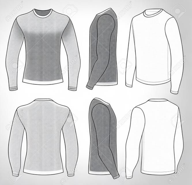 六個意見男士的白色長袖T卹設計模板（正面，背面半轉身側視圖）。 illustratio向量