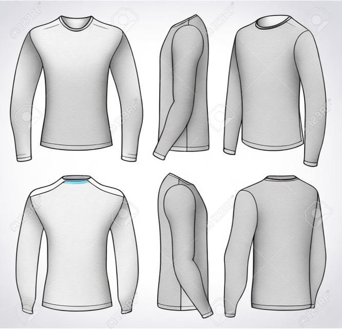 六個意見男士的白色長袖T卹設計模板（正面，背面半轉身側視圖）。 illustratio向量