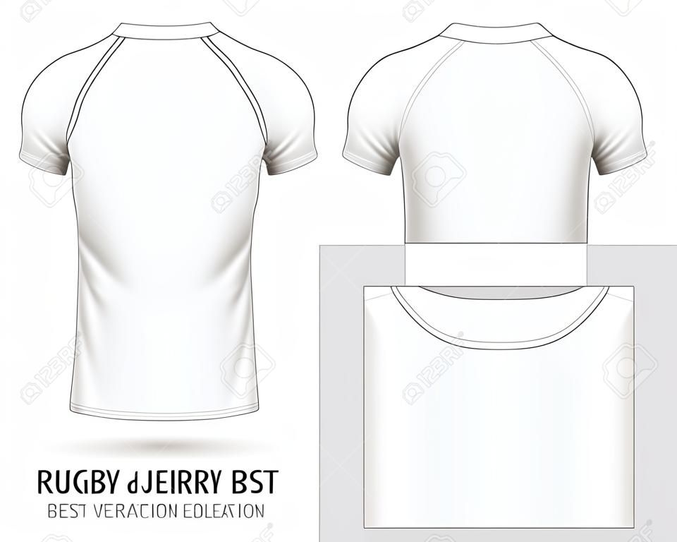 Koszulka Rugby (biała odmiana, widok z przodu, z boku iz tyłu). Ilustracji wektorowych.