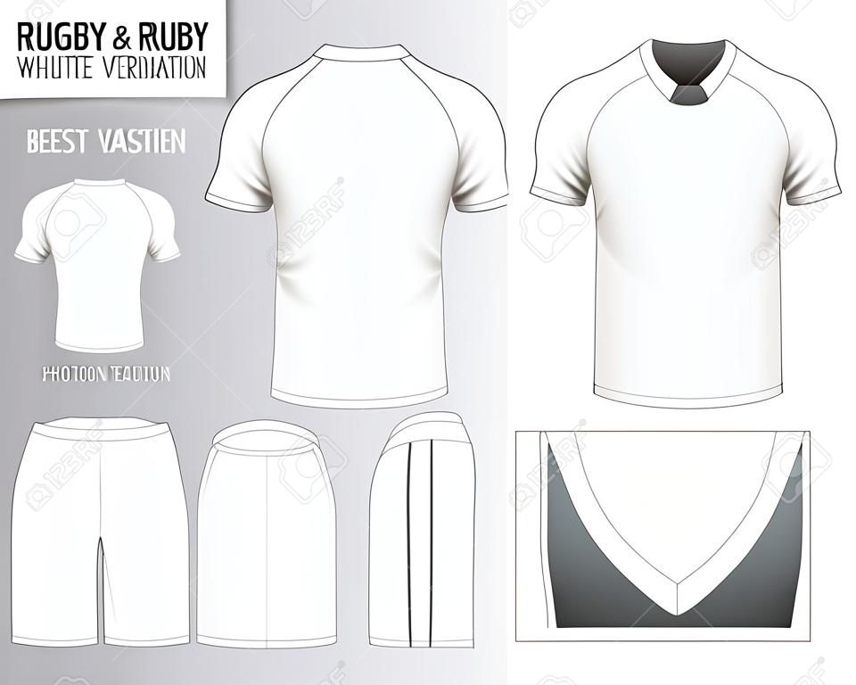Koszulka Rugby (biała odmiana, widok z przodu, z boku iz tyłu). Ilustracji wektorowych.