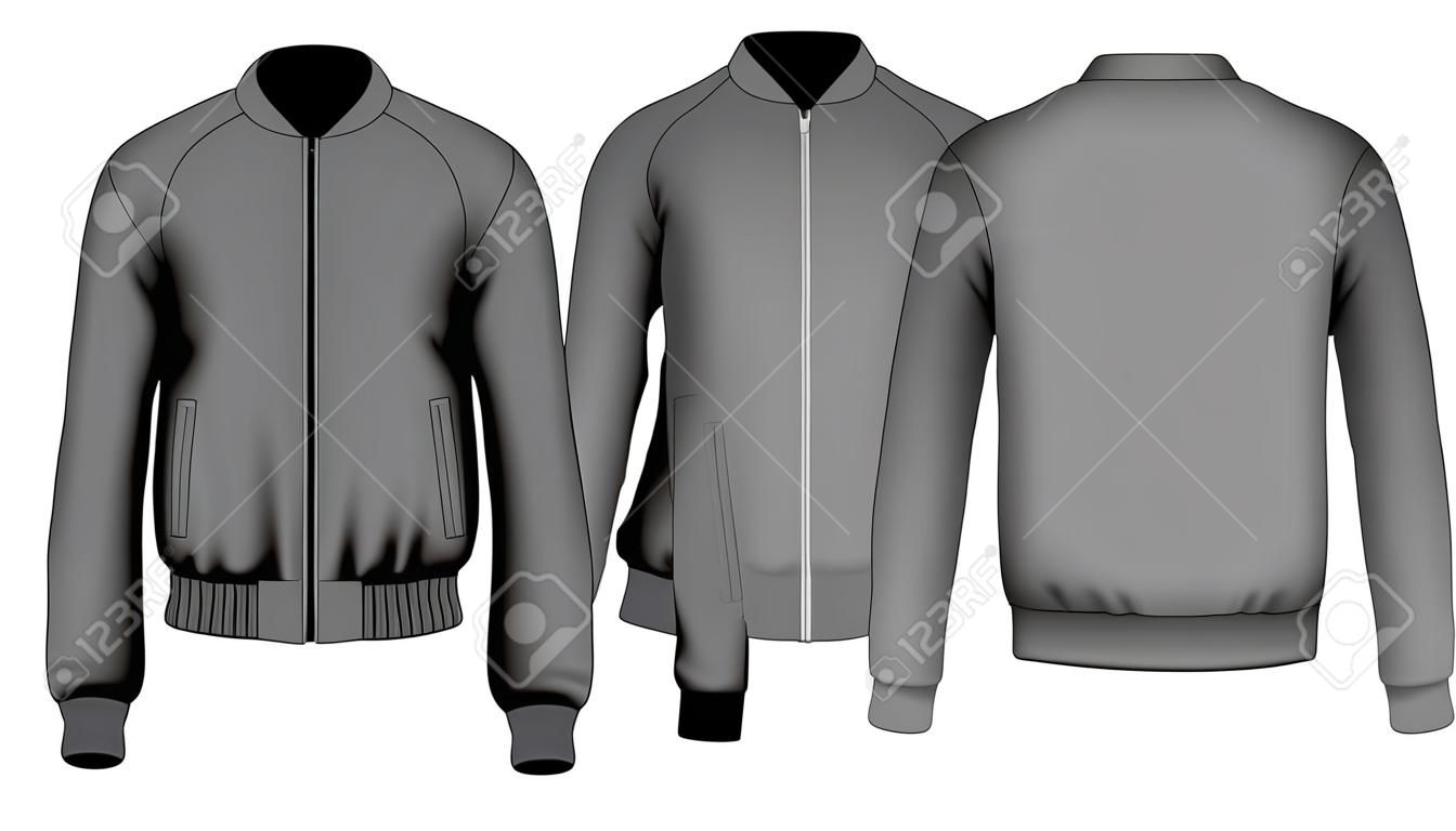 Bomber jacket in black. Front and back views. Vector illustration.