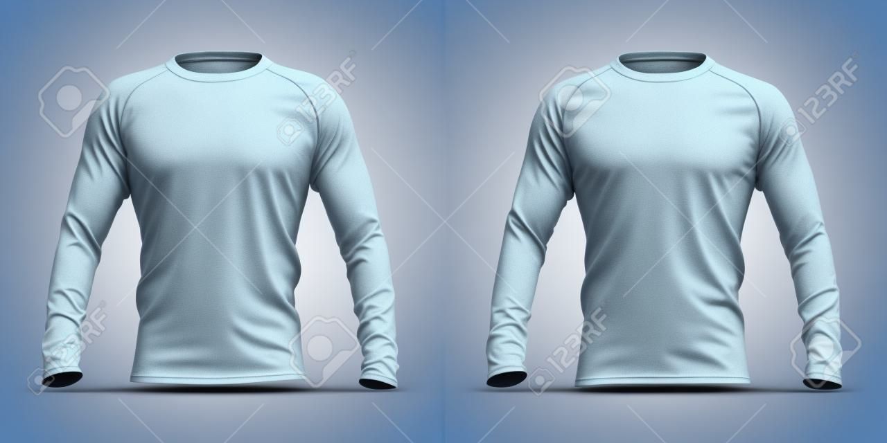 長いラグランスリーブのメンズシャツ。3D レンダリング。含まれるクリッピングパス:全体のオブジェクト、襟、袖。白い背景に隔離されています。モックアップ テンプレートをシャドウしてハイライト表示します。