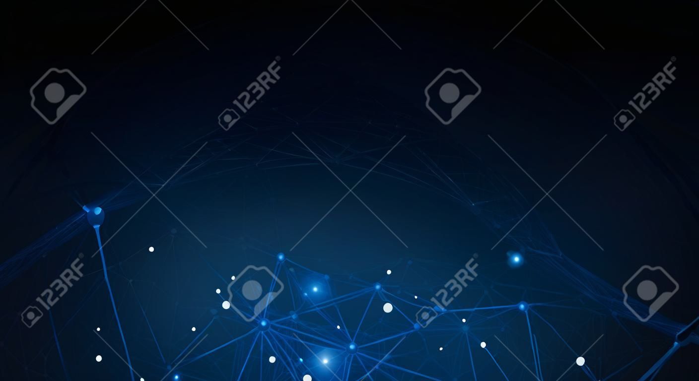 Wektor ilustracja cząsteczka, połączone linie z kropkami, technologia na niebieskim tle. Streszczenie projektu połączenia sieci internetowej dla witryny internetowej. Dane cyfrowe, komunikacja, nauka i futurystyczna koncepcja