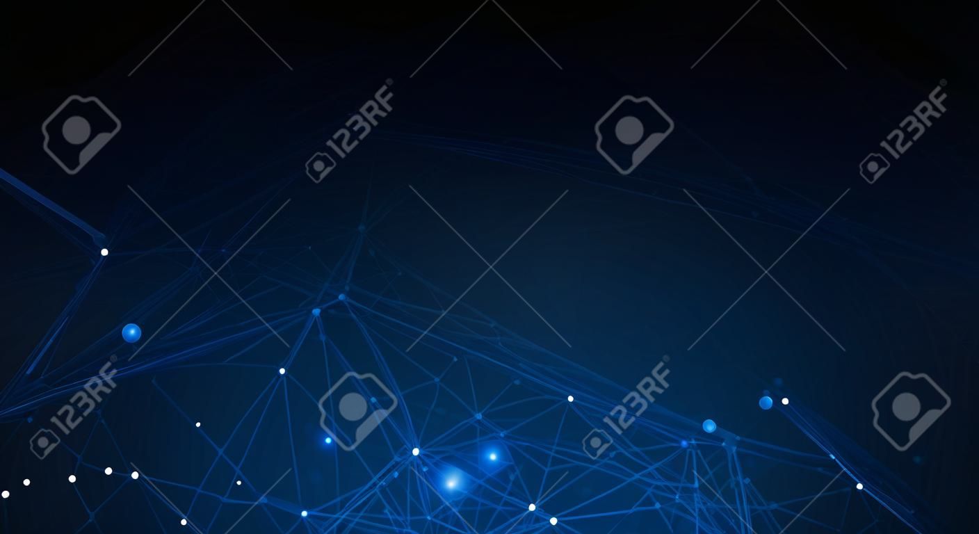 Wektor ilustracja cząsteczka, połączone linie z kropkami, technologia na niebieskim tle. Streszczenie projektu połączenia sieci internetowej dla witryny internetowej. Dane cyfrowe, komunikacja, nauka i futurystyczna koncepcja