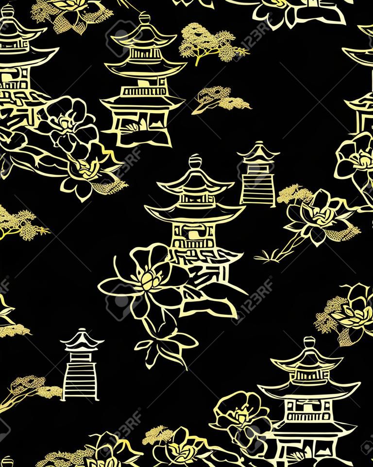 toro flor templo montaña naturaleza paisaje vista vector boceto ilustración japonés chino oriental arte lineal tinta sin costura