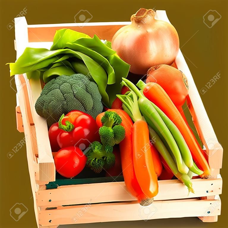 Cajón de madera con una diversidad de verduras al día