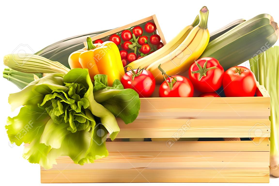 El embalaje de madera las verduras frescas y frutas aisladas sobre blanco