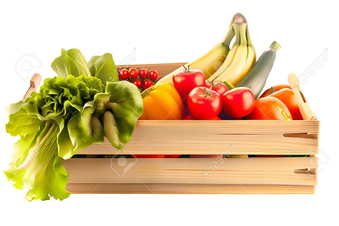Holzkiste frisches Obst und Gemüse isoliert über weiß