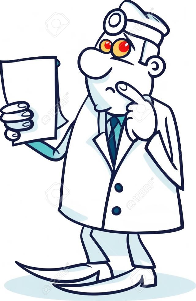 Cartoon Illustration of Thinking Male Medical Doctor in White Coat with Writing Board
