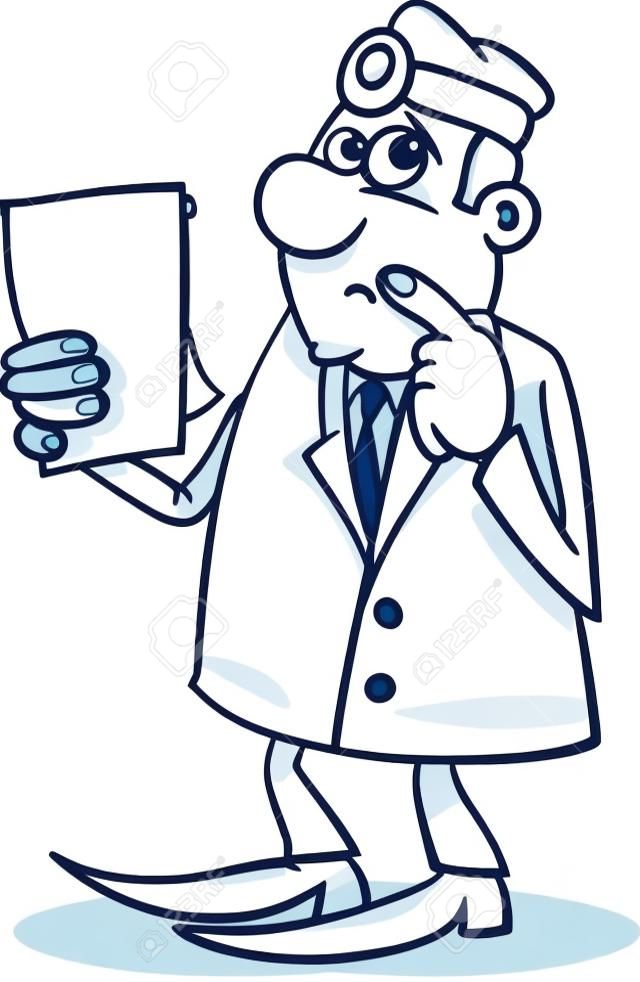 Cartoon Illustration of Thinking Male Medical Doctor in White Coat with Writing Board