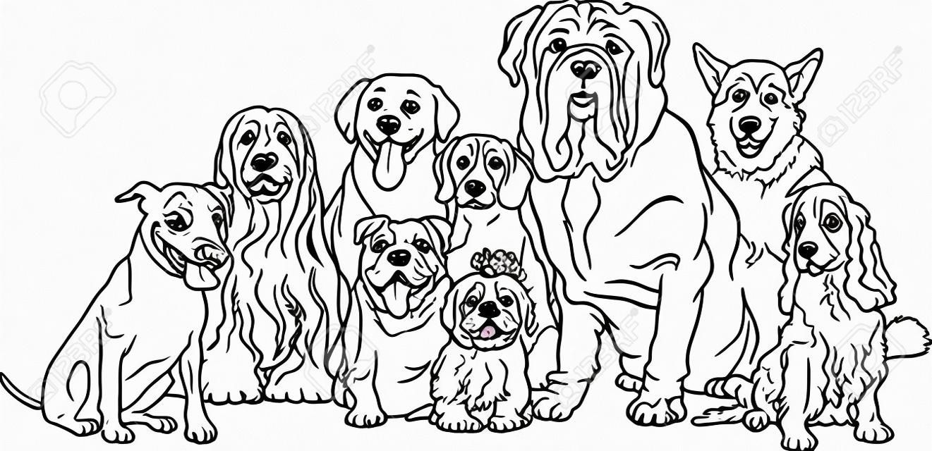 面白い純血種の犬の子犬のまたはグループ塗り絵の黒と白の漫画イラスト
